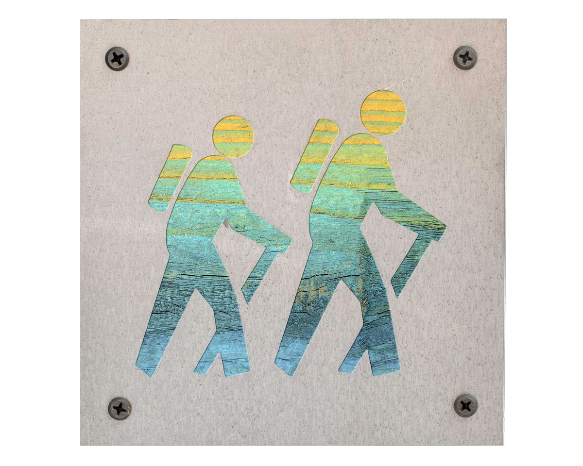 Couple Hiking Metal Wall Art on Reclaimed Wood, Hiking Trail Sign, Hiker Gift