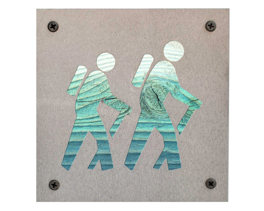 Hiking Couple Metal Wall Art on Reclaimed Wood, Trail Sign, Hiker Anniversary Gift, 5.5 Inch Square Steel Sign, Housewar