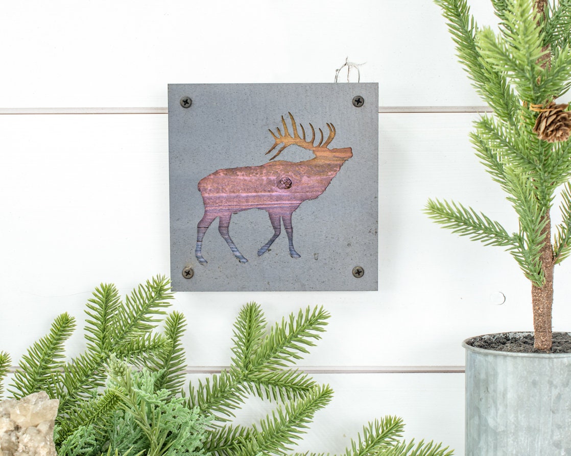 Elk Metal Wall Art on Reclaimed Wood, Rustic Cabin Decor, Elk Hunter Gift
