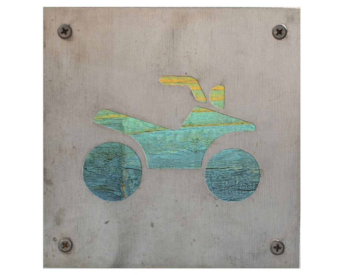 ATV Metal Wall Art on Reclaimed Wood, Industrial Four Wheeler Decor, Garage Sign