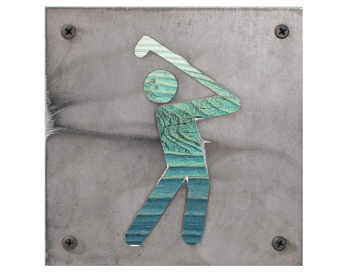 Golfer Metal Wall Art on Reclaimed Wood, Golf Sign, Golf Gift for Dad, 5.5 Inch Square Steel Sign, Housewarming Gift