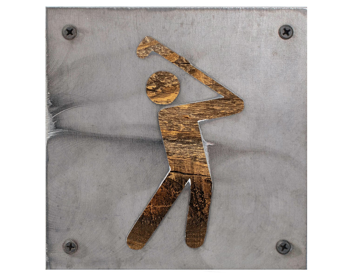 Golfer Metal Wall Art on Reclaimed Wood, Golf Sign, Golf Gift for Dad, 5.5 Inch Square Steel Sign, Housewarming Gift