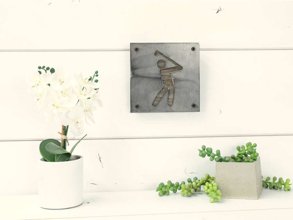 Golfer Metal Wall Art on Reclaimed Wood, Golf Sign, Golf Gift for Dad, 5.5 Inch Square Steel Sign, Housewarming Gift
