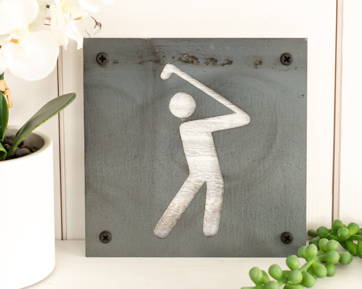 Golfer Metal Wall Art on Reclaimed Wood, Golf Sign, Golf Gift for Dad, 5.5 Inch Square Steel Sign, Housewarming Gift