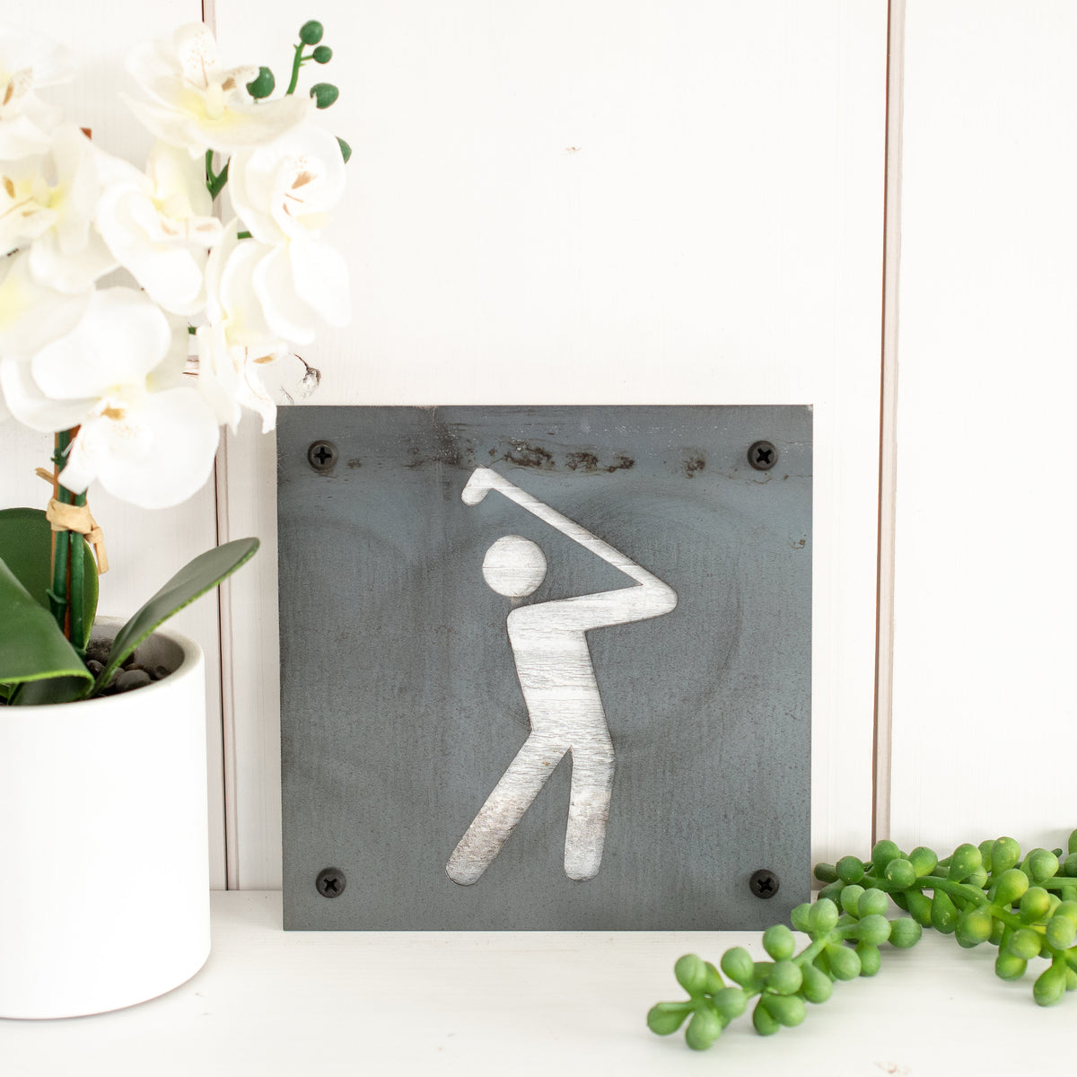 Golfer Metal Wall Art on Reclaimed Wood, Golf Sign, Golf Gift for Dad, 5.5 Inch Square Steel Sign, Housewarming Gift