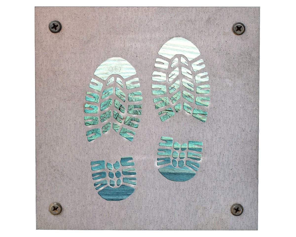 Hiking Boots Metal Wall Art on Reclaimed Wood, Trail Sign, Hiker Gift, 5.5 Inch Square Steel Sign, Hiking Decor, Backpacker Gift