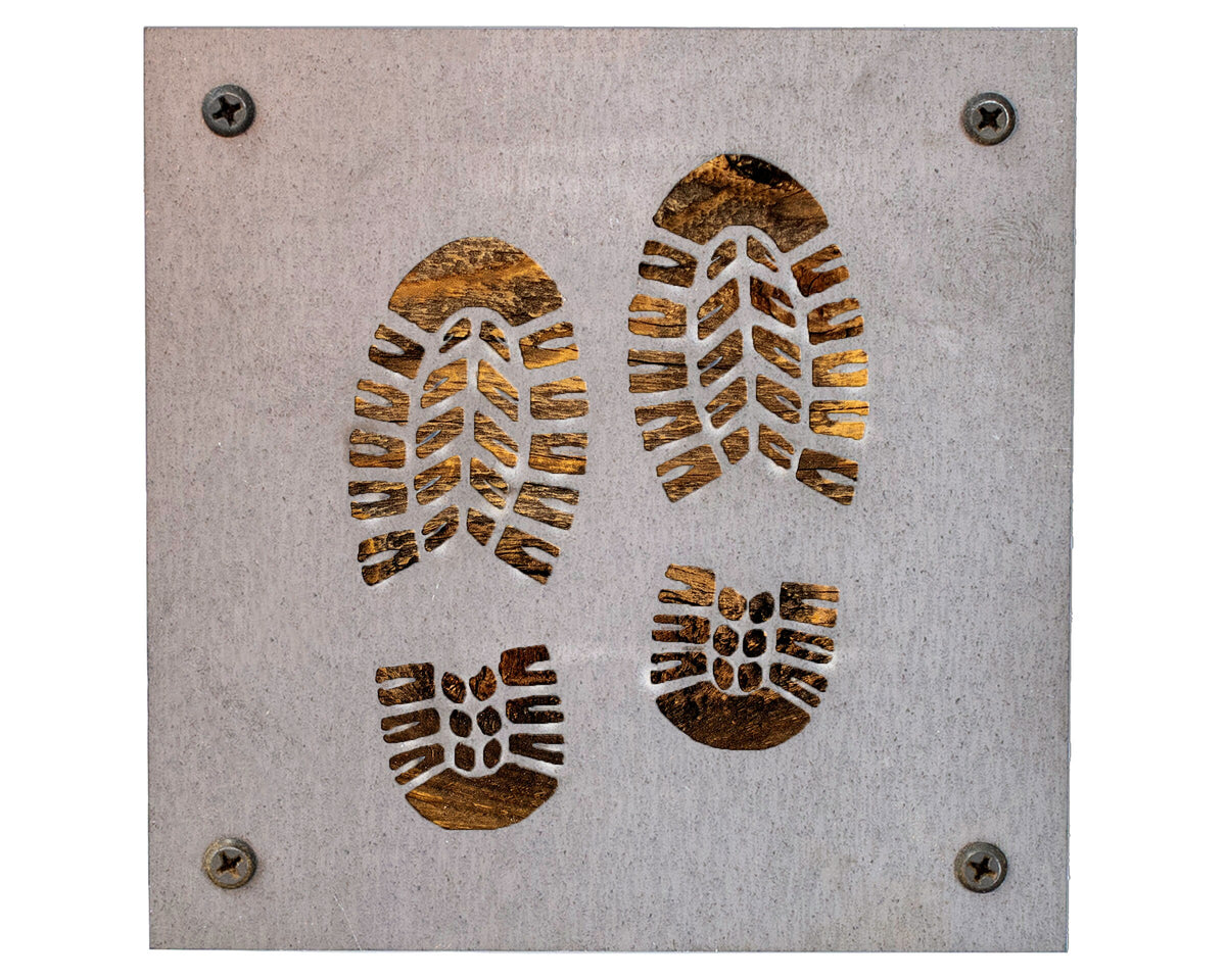 Hiking Boots Metal Wall Art on Reclaimed Wood, Trail Sign, Hiker Gift, 5.5 Inch Square Steel Sign, Hiking Decor, Backpacker Gift