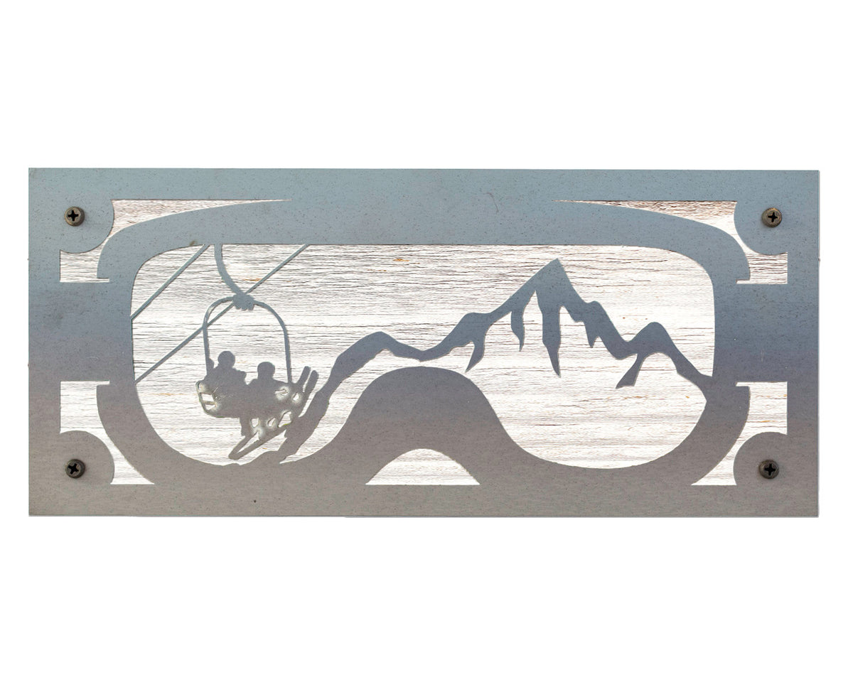 Ski Goggles Chairlift Metal Wall Art on Reclaimed Wood, Ski Lodge Decor, 12.5 Inch Wide Steel Sign, Ski Gift, Skier Gift, Ski Cabin Decor