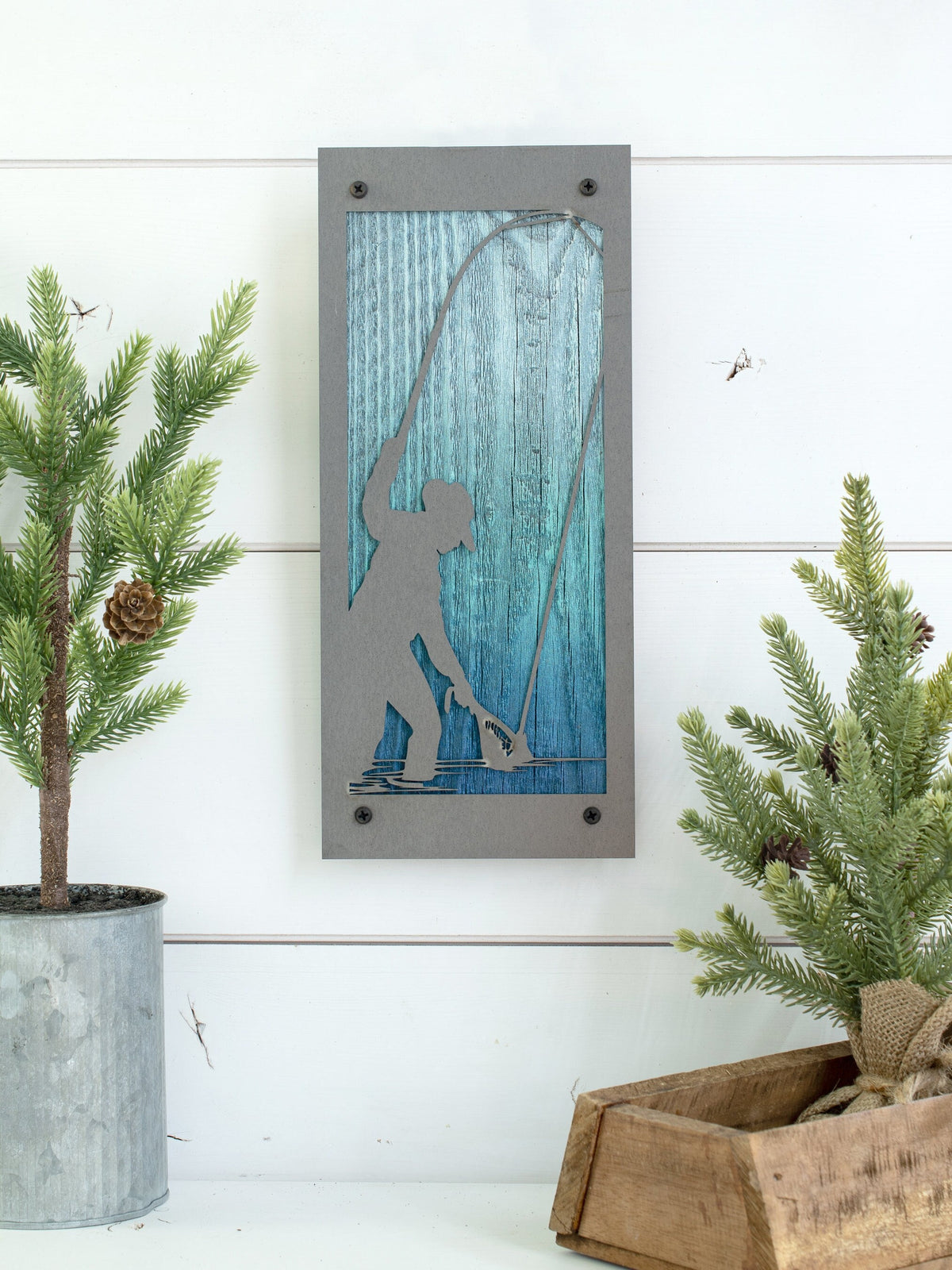 Fly Fishing Angler Metal Wall Art on Reclaimed Wood, Tall 12.5 Inch Fishing Sign, Angler Gift