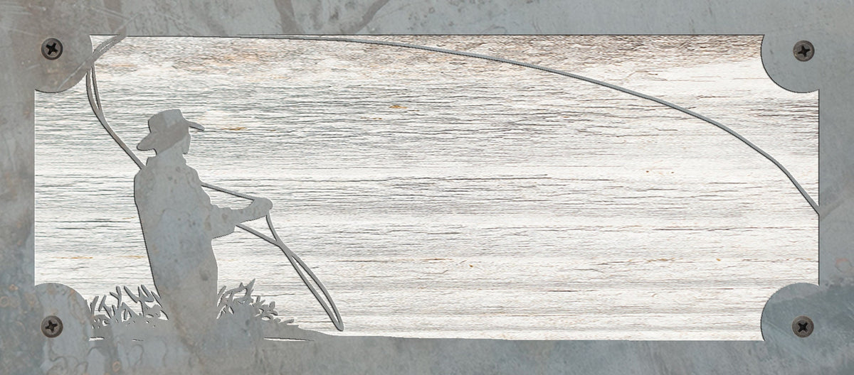 Fly Fisherman Metal Wall Art on Reclaimed Wood, Horizontal 12.5 Inch Cabin Decor