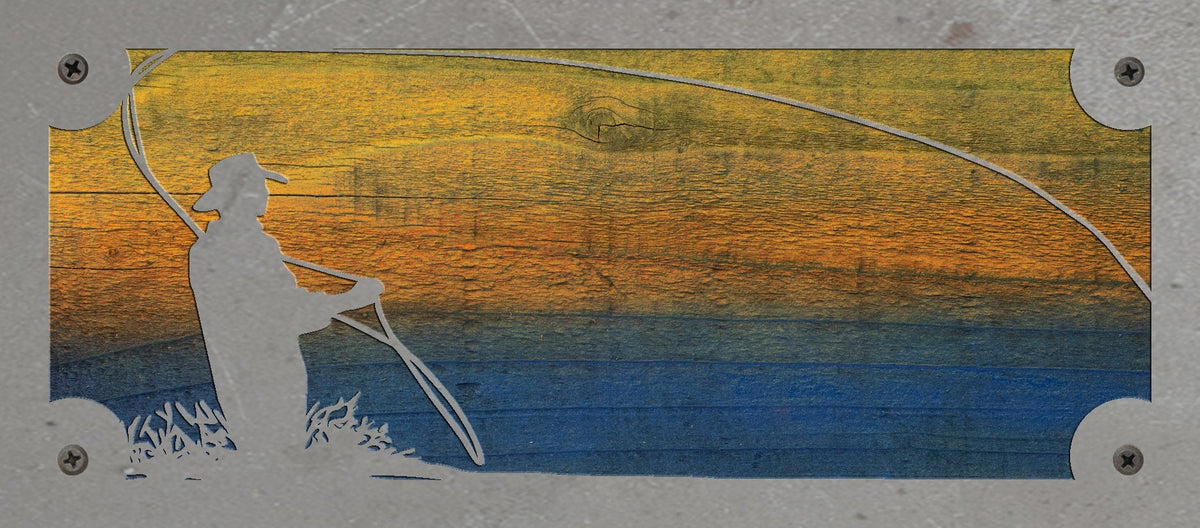 Fly Fisherman Metal Wall Art on Reclaimed Wood, Horizontal 12.5 Inch Cabin Decor