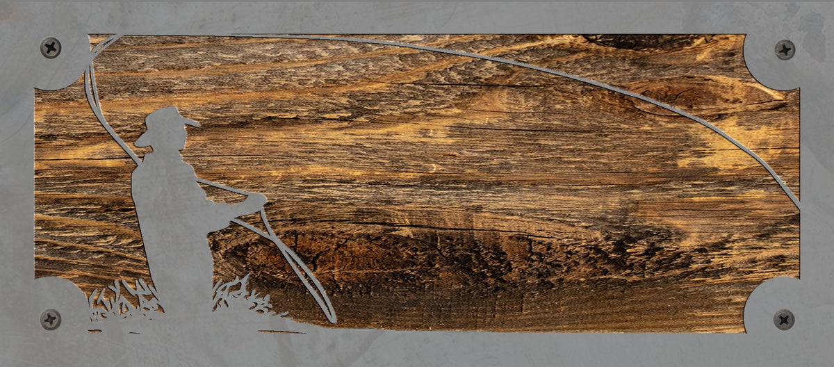 Fly Fisherman Metal Wall Art on Reclaimed Wood, Horizontal 12.5 Inch Cabin Decor