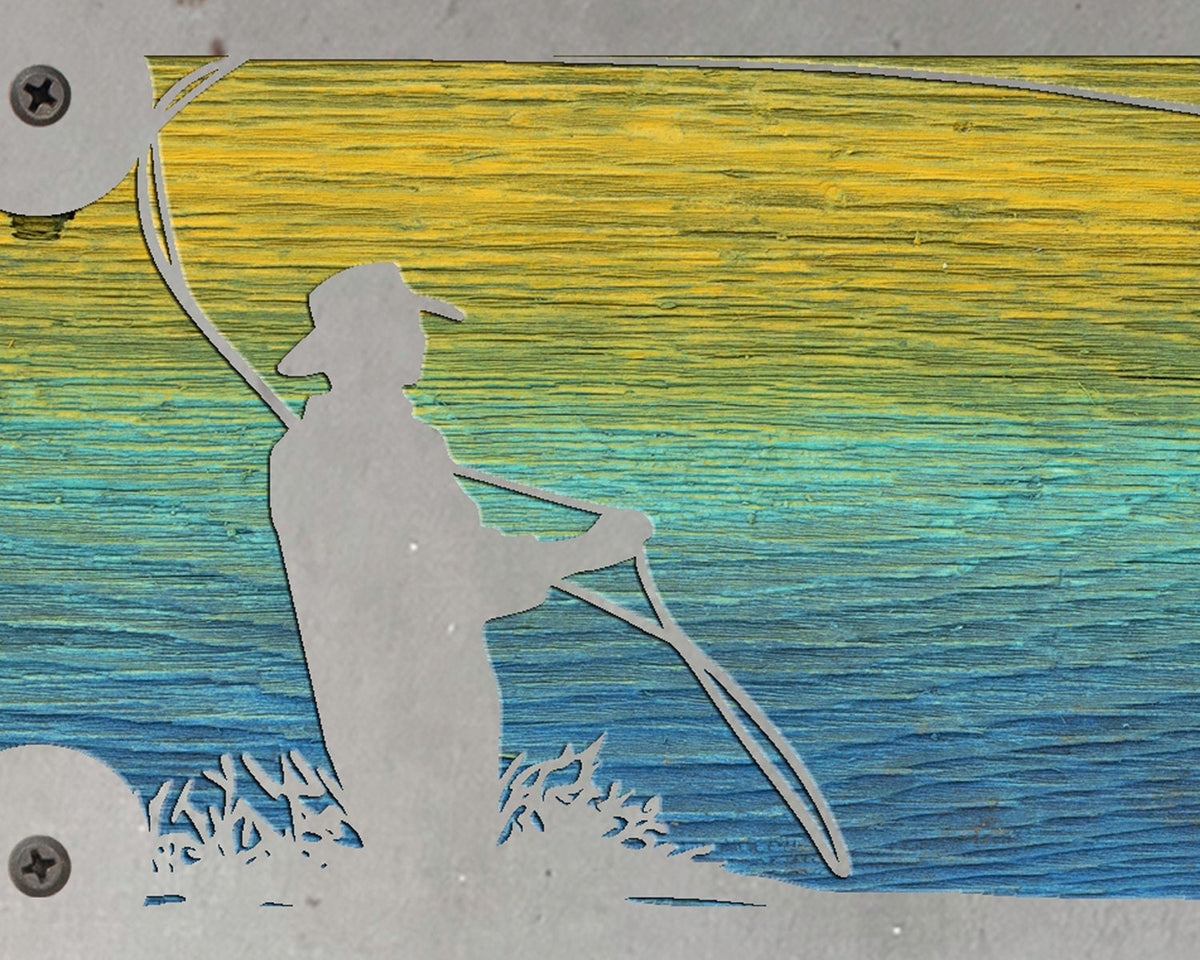 Fly Fisherman Metal Wall Art on Reclaimed Wood, Horizontal 12.5 Inch Cabin Decor