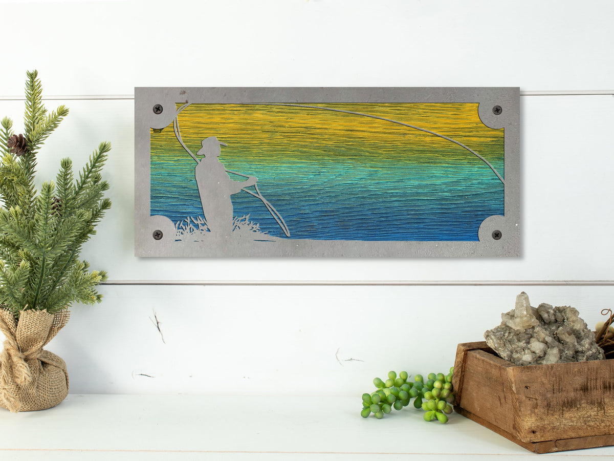 Fly Fisherman Metal Wall Art on Reclaimed Wood, Horizontal 12.5 Inch Cabin Decor