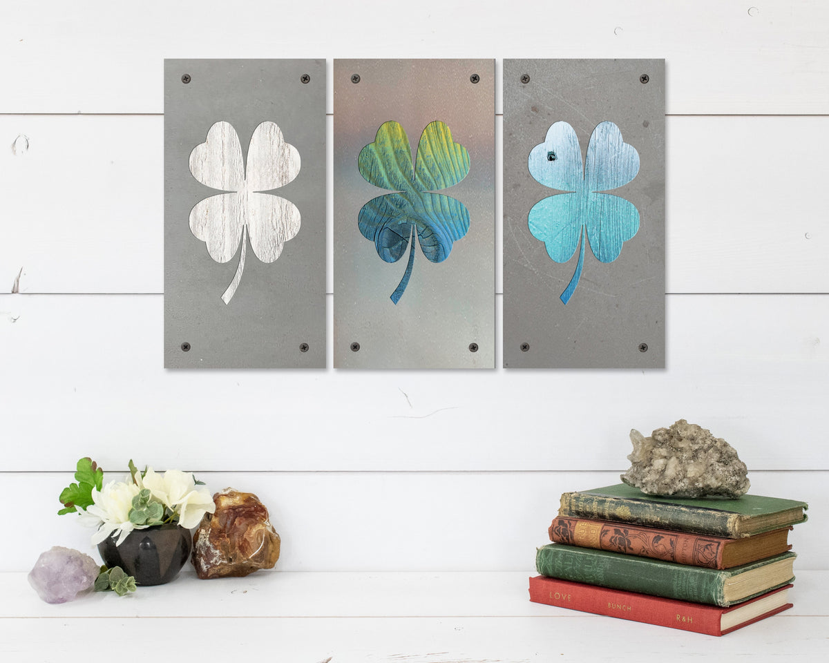 Four Leaf Clover Metal Wall Art on Reclaimed Wood, Lucky Shamrock, Irish Decor, 5.5 Inch Square Steel Sign, Irish Gift, St Patricks Decor