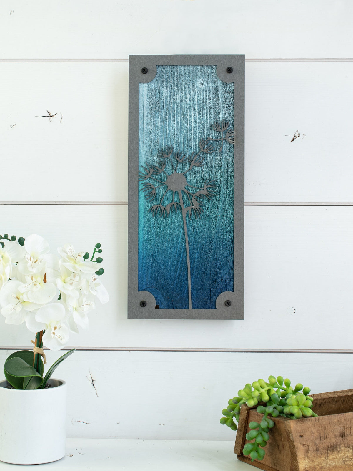Dandelion Seeds Metal Wall Art on Reclaimed Wood, 12.5 Inch Boho Flower Decor