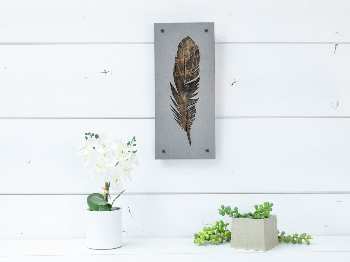 Feather Metal Wall Art on Reclaimed Wood, Boho Rustic Decor, 12.5 Inch Sign