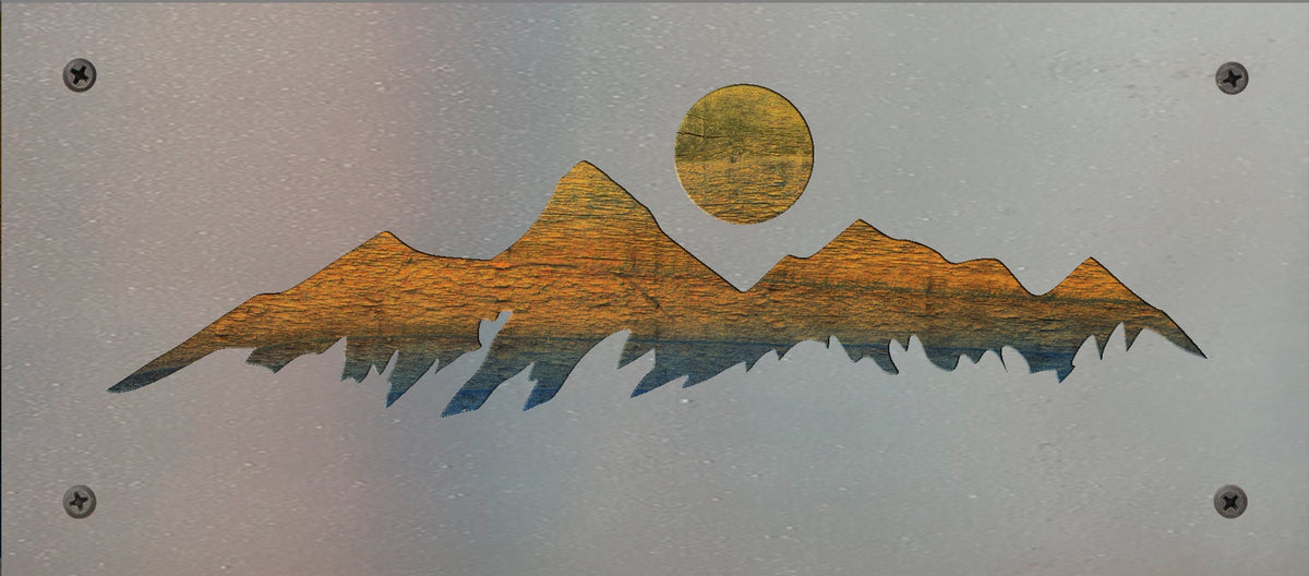 Mountain Range Metal Wall Art on Reclaimed Wood, 12.5 Inch Rustic Cabin Decor