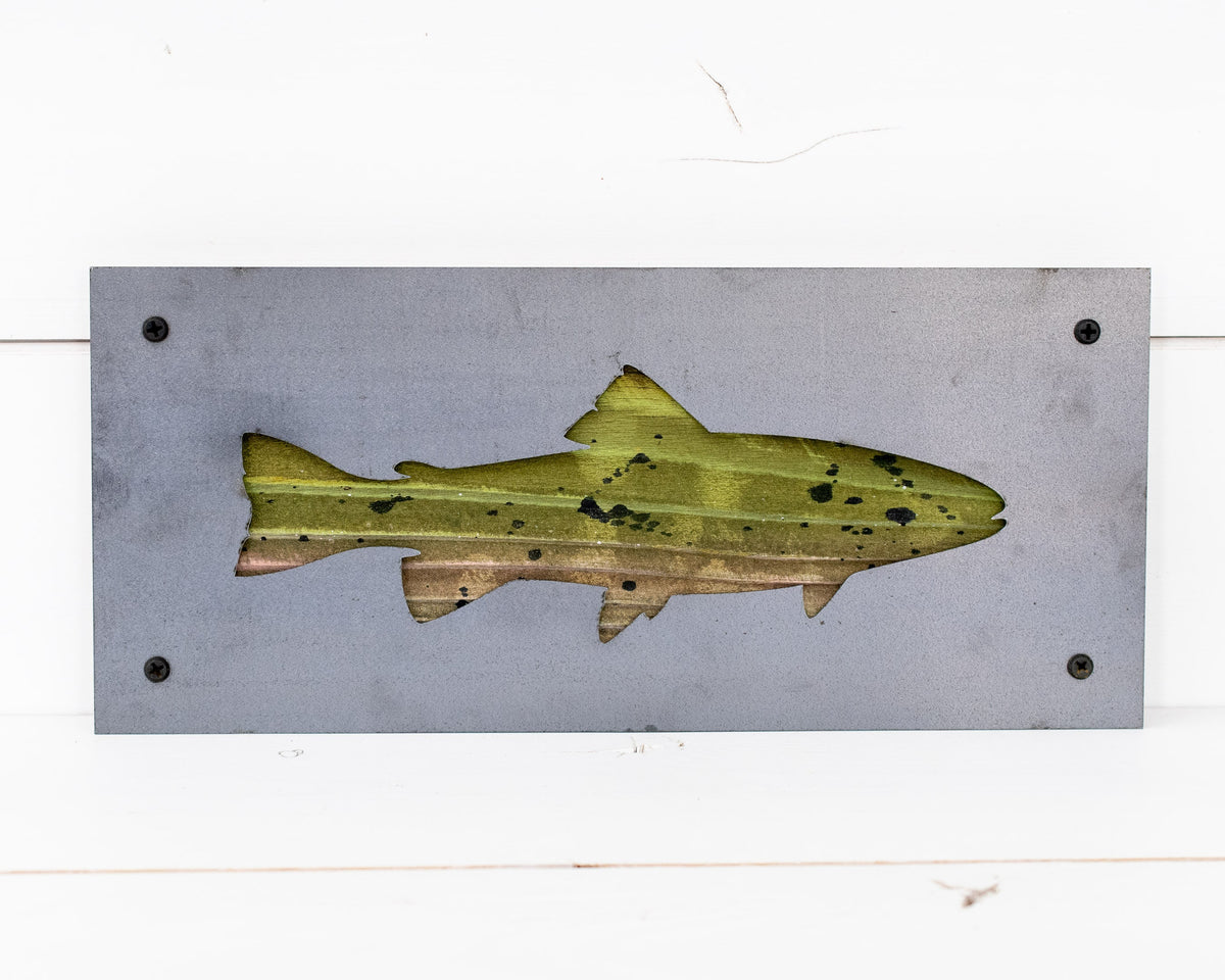 Trout Metal Wall Art on Reclaimed Wood, 12.5 Inch Fishing Decor, Fisherman Gift