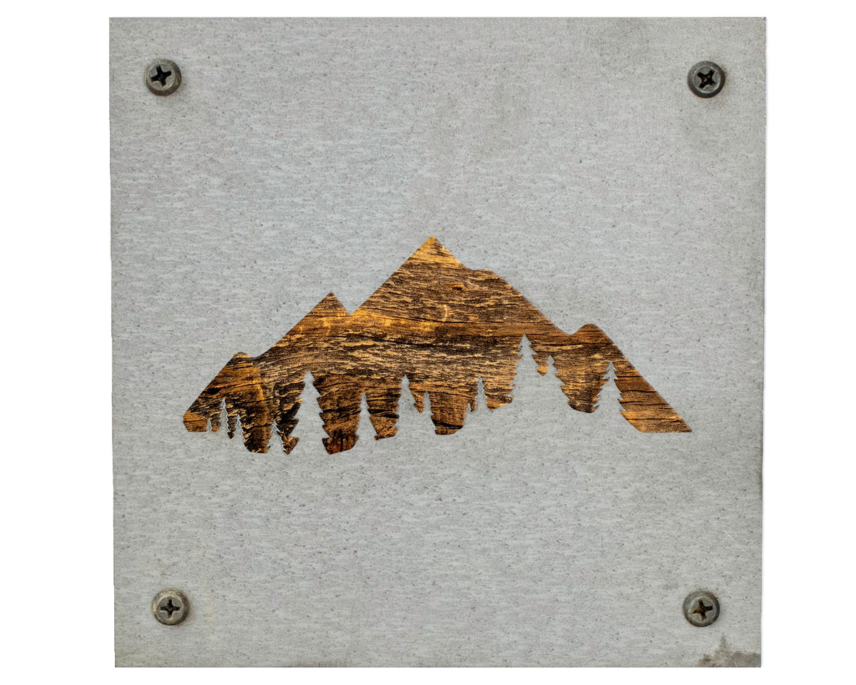 Mountains and Pine Trees Metal Wall Art on Reclaimed Wood, Cabin Decor