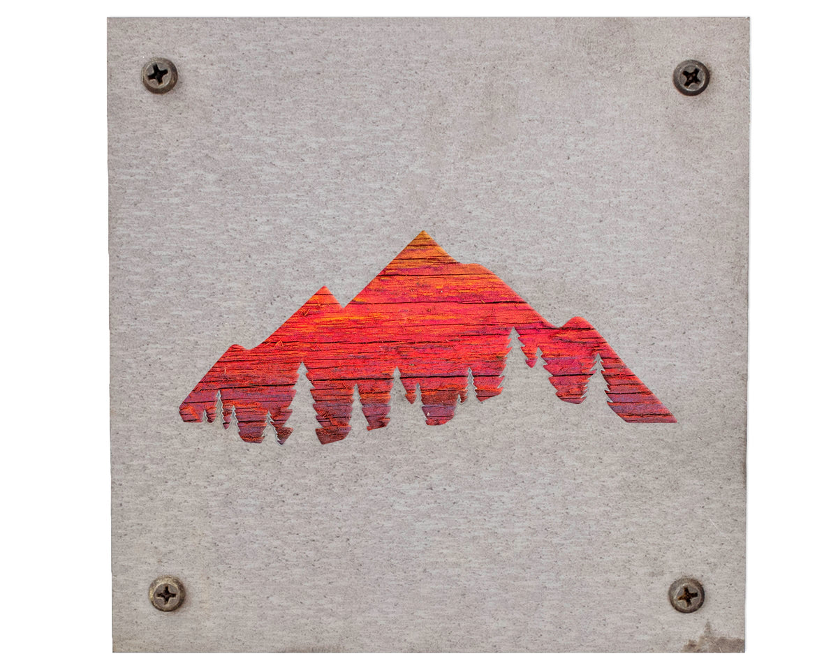 Mountains and Pine Trees Metal Wall Art on Reclaimed Wood, Cabin Decor
