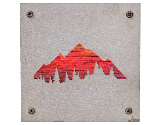 Mountains and Pine Trees Metal Wall Art on Reclaimed Wood, Cabin Decor