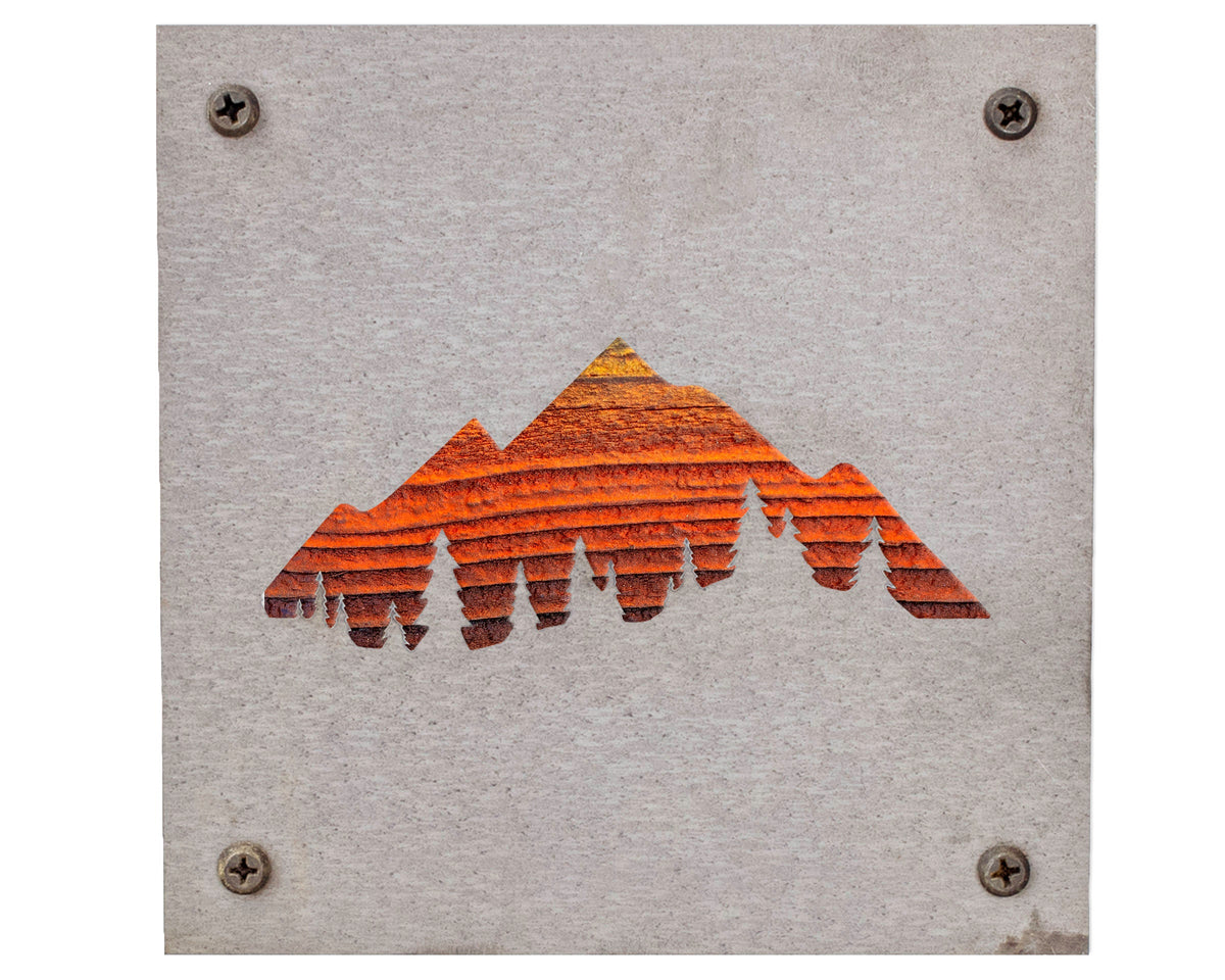 Mountains and Pine Trees Metal Wall Art on Reclaimed Wood, Cabin Decor