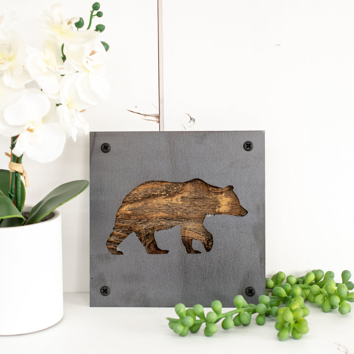 Bear Metal Wall Art on Reclaimed Wood, Rustic Cabin Decor, Black Bear Sign, 5.5 Inch Square Steel Sign, Bear Lover Gift, Lodge Wall Art