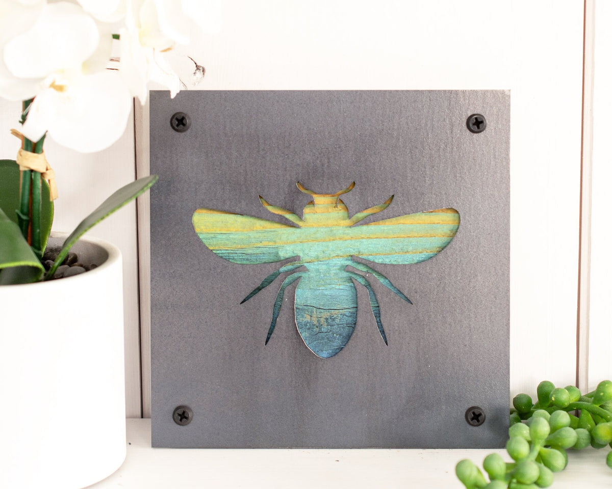 Honey Bee Metal Wall Art on Reclaimed Wood, Bee Kitchen Decor, Beekeeper Gift, 5.5 Inch Square Steel Sign, Bumble Bee Sign