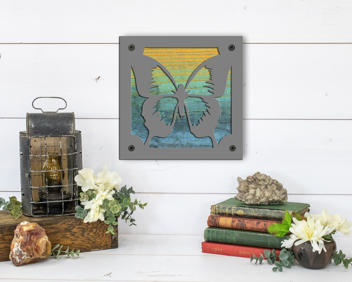 Butterfly Metal Wall Art on Reclaimed Wood, Whimsical Butterfly Decor, Gift for Her