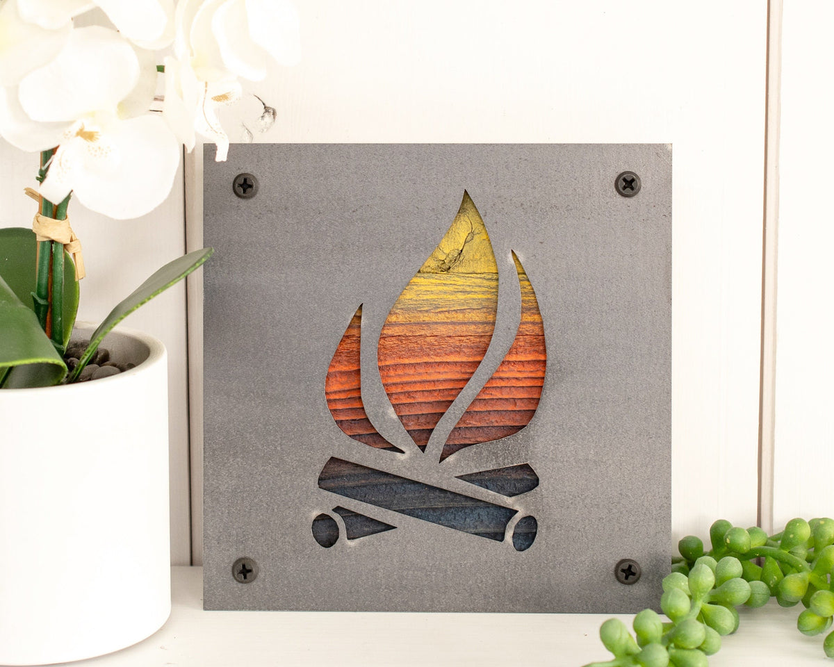 Campfire Metal Wall Art on Reclaimed Wood, Rustic Camping Sign, Cabin Decor, 5.5 Inch Square Steel Sign, Camper Gift, Housewarming Gift