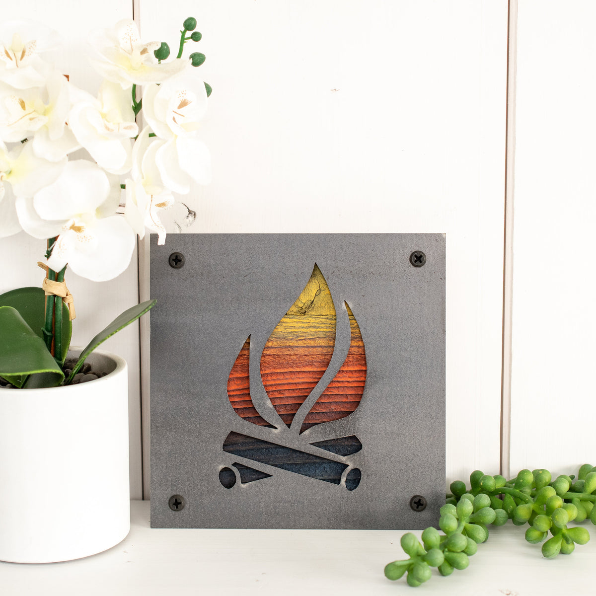 Campfire Metal Wall Art on Reclaimed Wood, Rustic Camping Sign, Cabin Decor, 5.5 Inch Square Steel Sign, Camper Gift, Housewarming Gift