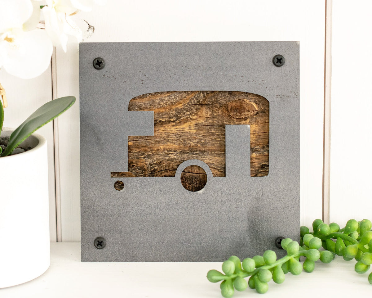 Camper Trailer Metal Wall Art on Reclaimed Wood, RV Decor, Camping Sign