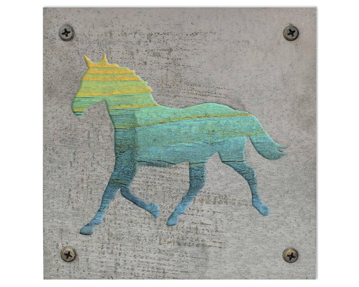 Horse Metal Wall Art on Reclaimed Wood, Western Decor, Horse Lover Gift, 5.5 Inch Square Steel Sign, Equestrian Gift, Barn Decor