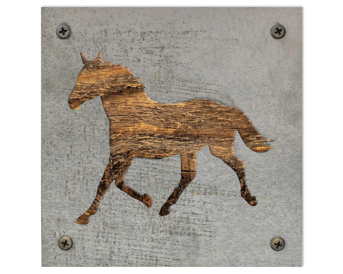 Horse Metal Wall Art on Reclaimed Wood, Western Decor, Horse Lover Gift, 5.5 Inch Square Steel Sign, Equestrian Gift, Barn Decor