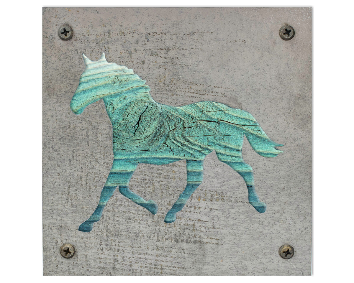 Horse Metal Wall Art on Reclaimed Wood, Western Decor, Horse Lover Gift, 5.5 Inch Square Steel Sign, Equestrian Gift, Barn Decor