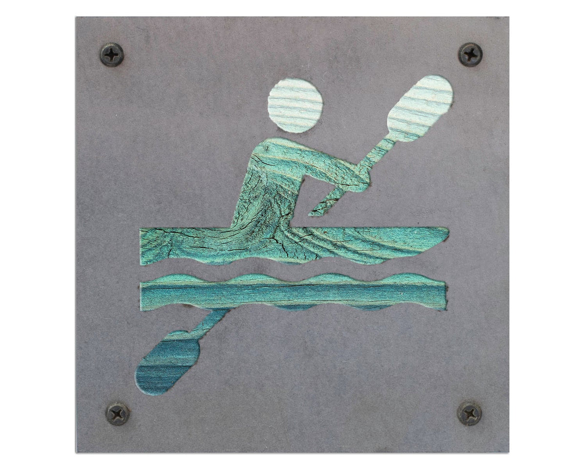 Kayaker Metal Wall Art on Reclaimed Wood, Kayaking Gift, Lake Cabin Decor