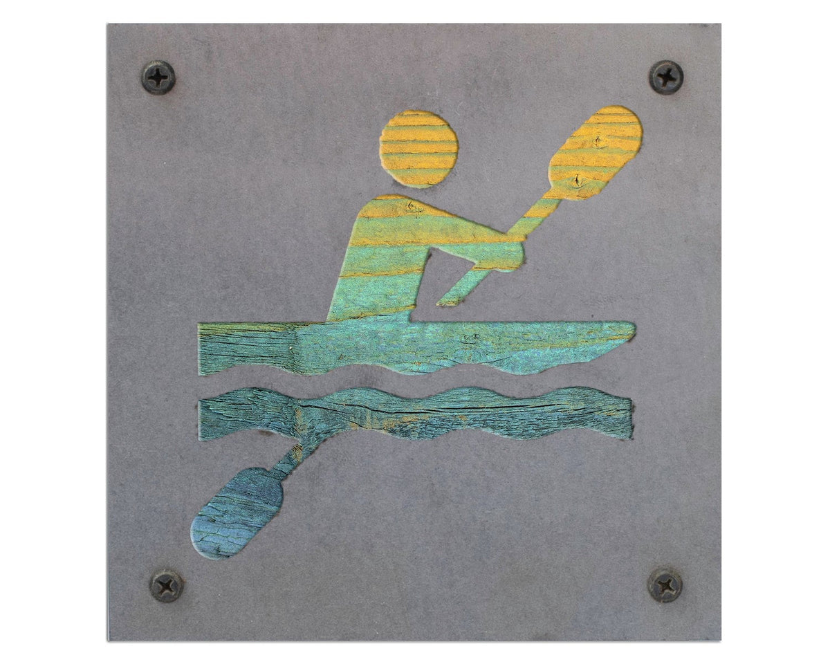 Kayaker Metal Wall Art on Reclaimed Wood, Kayaking Gift, Lake Cabin Decor