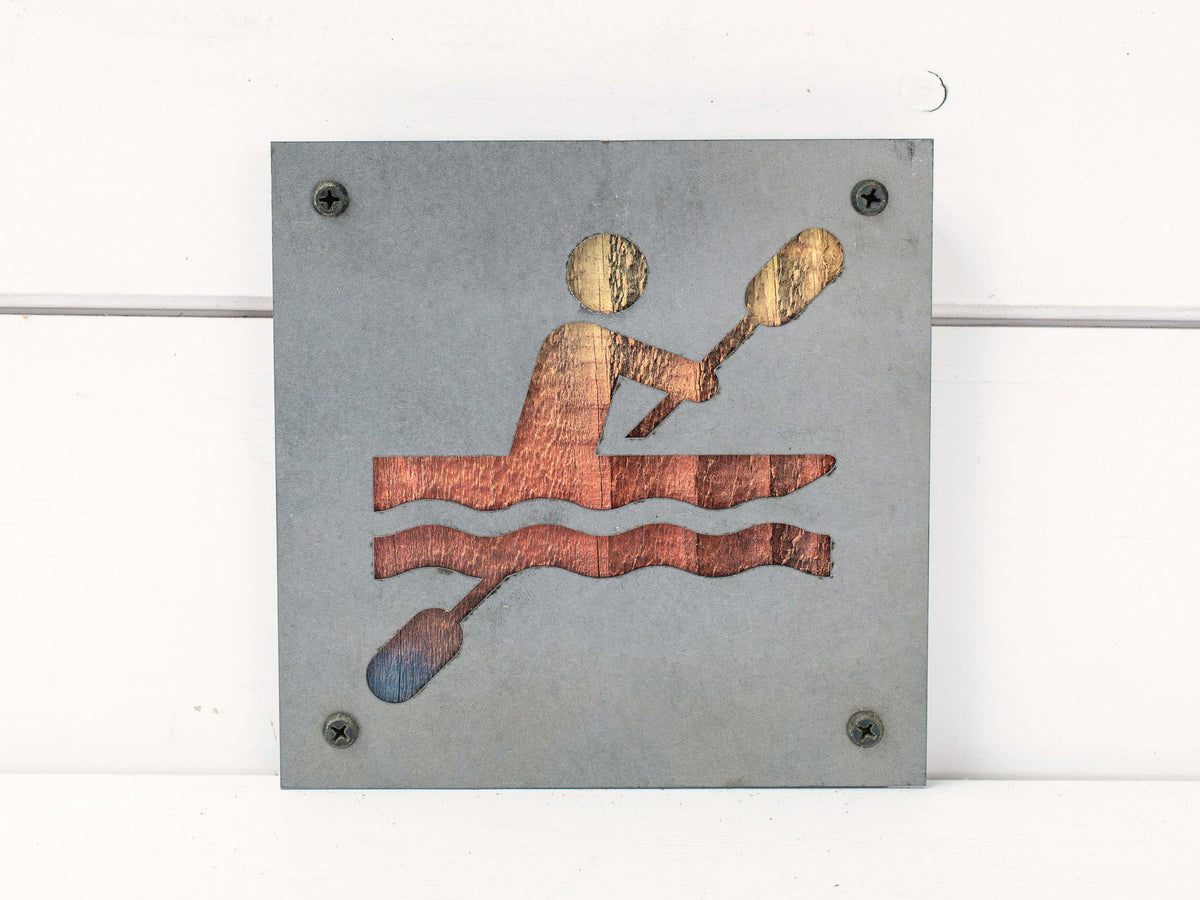 Kayaker Metal Wall Art on Reclaimed Wood, Kayaking Gift, Lake Cabin Decor