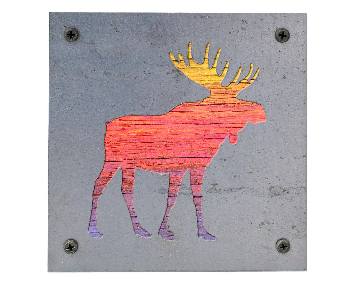 Moose Metal Wall Art on Reclaimed Wood, Cabin Decor, Woodland Nursery Moose, 5.5 Inch Square Steel Sign, Moose Gift, Hou