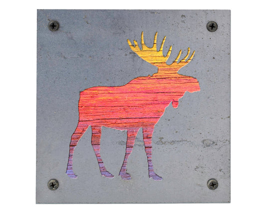 Moose Metal Wall Art on Reclaimed Wood, Cabin Decor, Woodland Nursery Moose, 5.5 Inch Square Steel Sign, Moose Gift, Hou
