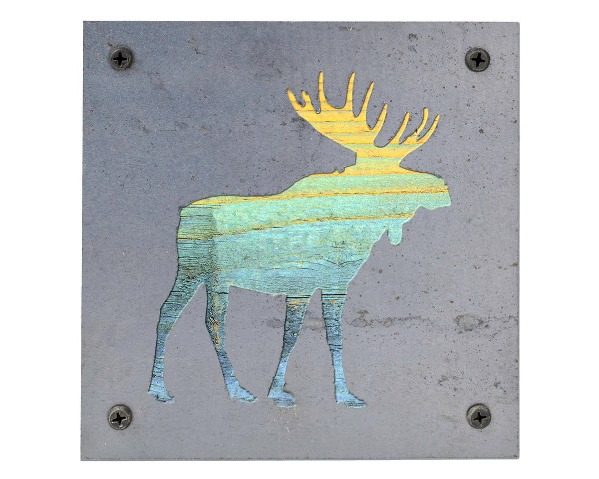 Moose Metal Wall Art on Reclaimed Wood, Cabin Decor, Woodland Nursery Moose, 5.5 Inch Square Steel Sign, Moose Gift, Housewarming Gift