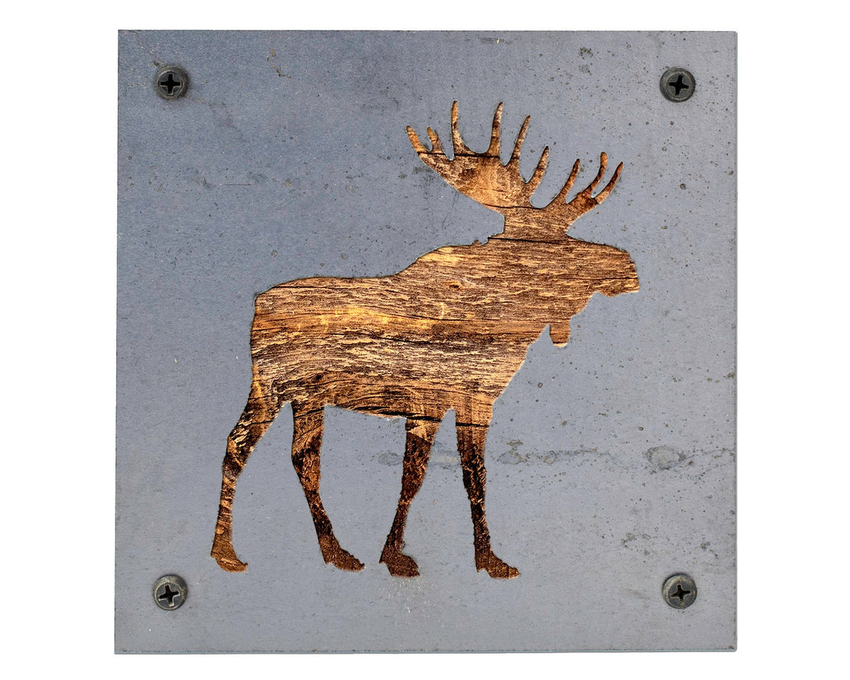 Moose Metal Wall Art on Reclaimed Wood, Cabin Decor, Woodland Nursery Moose, 5.5 Inch Square Steel Sign, Moose Gift, Housewarming Gift