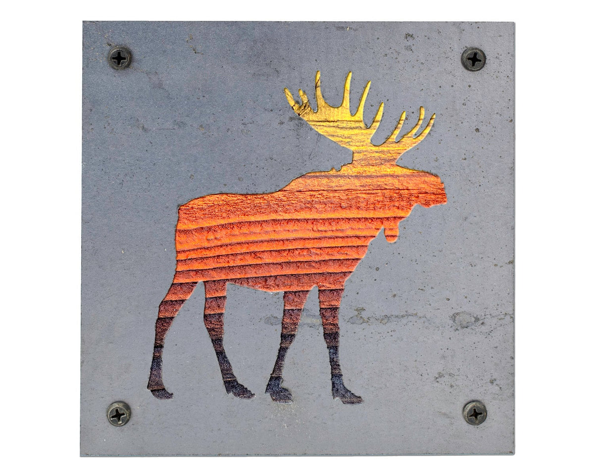Moose Metal Wall Art on Reclaimed Wood, Cabin Decor, Woodland Nursery Moose, 5.5 Inch Square Steel Sign, Moose Gift, Housewarming Gift