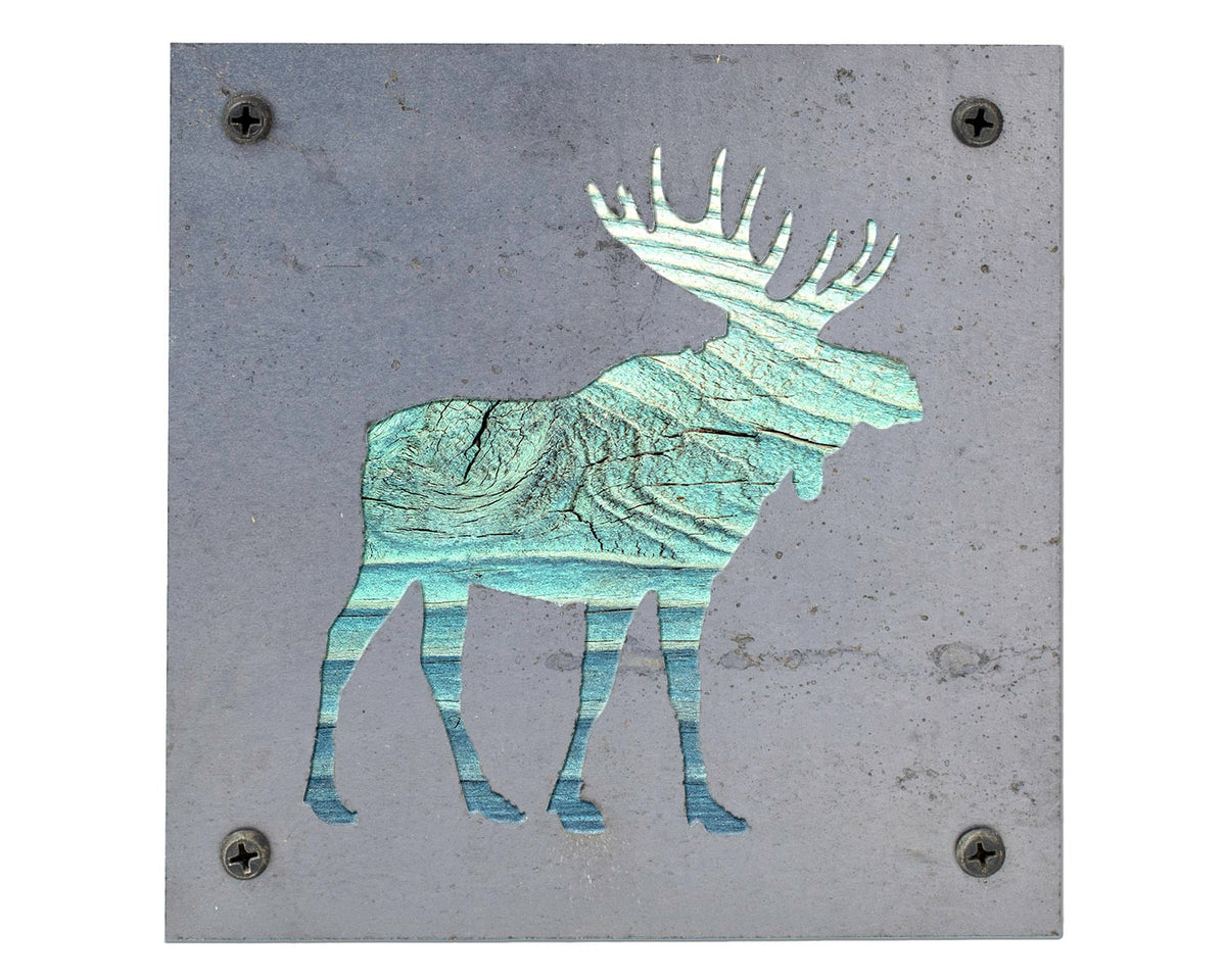 Moose Metal Wall Art on Reclaimed Wood, Cabin Decor, Woodland Nursery Moose, 5.5 Inch Square Steel Sign, Moose Gift, Housewarming Gift