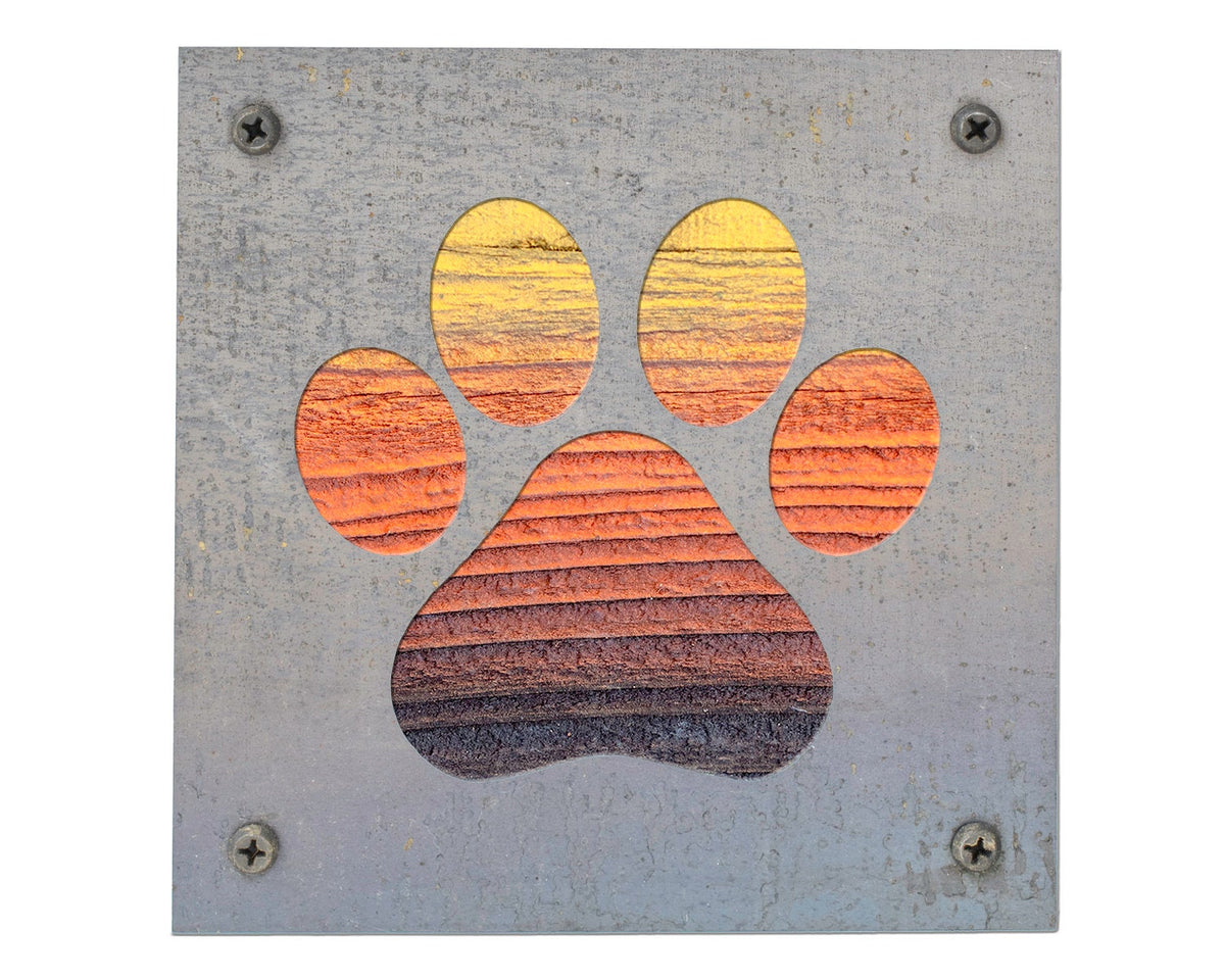 Paw Print Metal Wall Art on Reclaimed Wood, Dog and Cat Lover Gift, Pet Decor