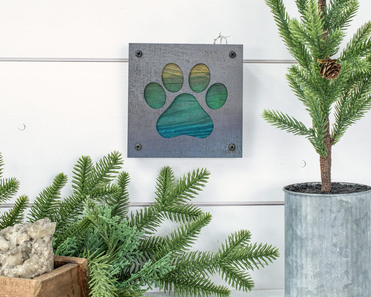 Paw Print Metal Wall Art on Reclaimed Wood, Dog and Cat Lover Gift, Pet Decor