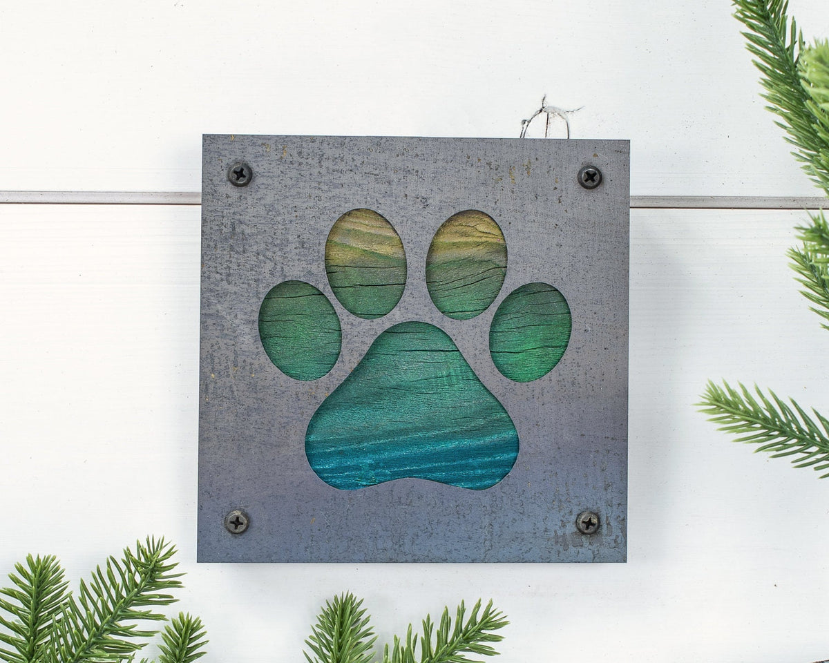 Paw Print Metal Wall Art on Reclaimed Wood, Dog and Cat Lover Gift, Pet Decor