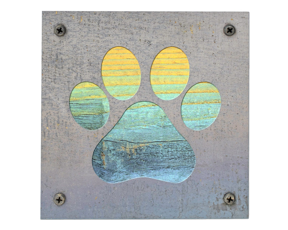 Paw Print Metal Wall Art on Reclaimed Wood, Dog and Cat Lover Gift, Pet Decor