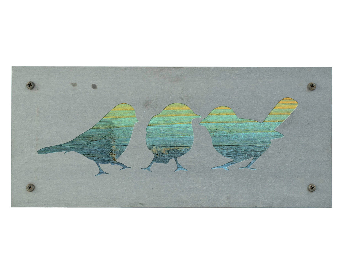 Three Little Birds Metal Wall Art on Reclaimed Wood, 12.5 Inch Bird Decor